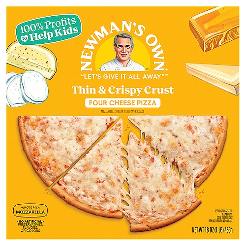 Newman's Own Four Cheese Thin and Crispy Pizza, 16 oz
Only the finest ingredients:
• 100% real cheese
• Cheese from the milk of cows not treated with rBST*
*No significant difference has been shown between milk derived from rBST-treated and non-rBST-treated cows
• Multi-grain crust
• In Crust We Trust®