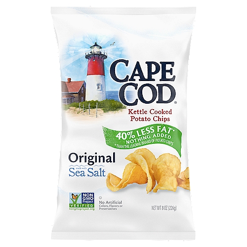 Cape Cod Original Sea Salt Kettle Cooked Potato Chips, 8 oz
Cape Cod Less Fat Sea Salt Kettle Chips are a delicious snack. You'll get the all the great taste and crunch as the classic version but with 40% less fat than the leading brand of potato chips, because an extra spin in the kettle leaves less oil, with nothing added. We start with the carefully selected potatoes, and add oil and sea salt. The choice potatoes are sliced perfectly, then cooked one small batch at a time in custom kettles. Our potato chips are famous for their high quality and remarkable flavor, so be sure to try all the traditional and distinctly unique varieties. Every distinctive chip somehow feels like an invitation to savor what's special about Cape Cod Kettle Cooked Chips.