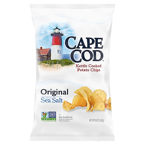 Cape Cod Original Kettle Chips are made with the pure taste of potato, with robust flavor and distinctive crunch. We take choice potatoes and slice them perfectly. Then, they're cooked, one batch at a time, in custom kettles. Doing so at precisely at the right temperature allows them to reach a golden-amber hue. The unique shapes and folds mean one-of-a-kind chips, but with the same flavor and wonderful Cape Cod crunch. These delicious chips make a perfect lunchtime side but are just as flavorful right out of the 8-ounce bag. They're an anytime snack that's sure to satisfy. Our potato chips are known for their high quality and remarkable flavor, so be sure to try all the traditional and unique varieties. Every distinctive chip feels like an invitation to come savor what's special about Cape Cod Kettle Cooked Chips.
