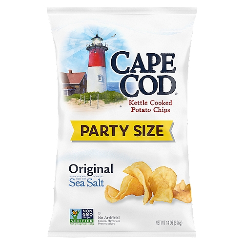 Cape Cod Original Kettle Cooked Chips are made with the pure taste of potato! And you can be sure there's nothing else like them when it comes to their robust flavor and distinctive crunch. We take choice potatoes and slice them perfectly. Then, they're cooked, one batch at a time, in custom kettles. You can count on potato chips that are cooked precisely at the right temperature until they reach a golden-amber hue. You'll see that unique shapes and folds mean one-of-a-kind chips, all share the same, wonderful Cape Cod crunch. With the 14-ounce Party Size bag, you can make sure this crowd-pleasing combination is ready for sharing at any gathering—picnics, BBQs, a day at the beach. Our potato chips are famous for their high quality and remarkable flavor, so be sure to try all the traditional and unique varieties. Every distinctive chip feels like an invitation to come savor everything that's special about Cape Cod Kettle Cooked Chips.