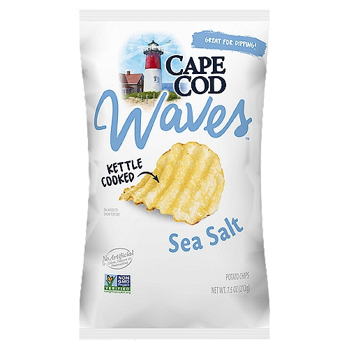 Cape Cod Wavy Cut Sea Salt Kettle Cooked Chips are making waves with this delicious snack. It all begins with potatoes, oil, and sea salt. We take choice potatoes and slice them thick, in a wavy cut with deep ridges. They're cooked one, small batch at a time in custom kettles at precisely at the right temperature until they reach a golden-amber hue. The result is a sturdy ridged chip that is hearty as it is delicious. The unique wave shape of these kettle chips is crafted to hold up to dip. These chips make a perfect lunchtime side and are delicious right out of the 7.5-ounce bag, as well as for dipping.. Our potato chips are known for their high quality and remarkable flavor, so be sure to try all the traditional and distinctly unique varieties. Every distinctive chip somehow feels like an invitation to come savor what's special about Cape Cod Kettle Cooked Chips.