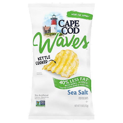 Cape Cod Waves 40% Less Fat Sea Salt Kettle Cooked Potato Chips, 7.5 oz
Cape Cod Waves Less Fat Sea Salt Kettle Cooked Chips are making waves! You'll get the all the great taste and crunch as the regular version but with 40% less fat than the leading brand of potato chips, because an extra spin in the kettle leaves less oil, with nothing added. We start with select potatoes, oil, and sea salt. The choice potatoes are sliced in a thick wavy cut with deep ridges, then cooked one, small batch at a time in custom kettles. The unique wave shape of these kettle chips is crafted to hold up to dip. You'll never leave a half of your chip in a bowl again! These chips make a perfect side and are delicious right out of the 7.5-ounce bag, as well as for dipping. Our potato chips are famous for their high quality and remarkable flavor, so be sure to try all the traditional and distinctly unique varieties. Every distinctive chip somehow feels like an invitation to come savor everything that's special about Cape Cod Kettle Cooked Chips.