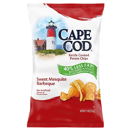 Cape Cod Less Fat Sweet Mesquite Barbeque Kettle Chips start with the pure taste of potatoes, oil, and salt, finished with sweet, smoky seasoning for satisfying flavor. You'll get the same wonderful Cape Cod crunch but with 40% less fat than the leading brand of potato chips because an extra spin in the kettle leaves less oil.