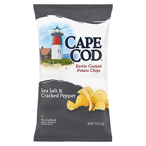 CAPE COD Sea Salt & Cracked Pepper Kettle Cooked Potato Chips, 7.5 oz
Cape Cod Kettle Cooked Chips created a truly classic flavor profile with the always perfect pairing of Sea Salt & Cracked Pepper. Finding the perfect balance of flavor means we take choice potatoes and slice them perfectly, cooking them in custom kettles, one small batch at a time. Doing so at precisely the right temperature allows them to reach a golden-amber hue. Next, they're perfectly seasoned with sea salt and the bite of that cracked black pepper for satisfying flavor. Unique shapes and folds mean one-of-a-kind chips, but all have the same, wonderful Cape Cod crunch. These delicious kettle cooked chips make a perfect lunchtime side and fit any snacking occasion right out of the 7.5-ounce bag. Our potato chips are famous for their high quality and remarkable flavor, so be sure to try all the traditional and distinctly unique varieties. Every distinctive chip somehow feels like an invitation to come savor everything that's special about Cape Cod Kettle Cooked Chips.