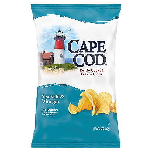 CAPE COD Sea Salt and Vinegar Kettle Cooked Potato Chips, 7.5 oz
These Kettle Chips are a distinctly Cape Cod version of Sea Salt & Vinegar. We take choice potatoes and slice them perfectly, cooking them in custom kettles. Extra vinegar achieves truly robust, satisfying flavor. Unique shapes and folds mean one-of-a-kind chips that also have that wonderful Cape Cod crunch.