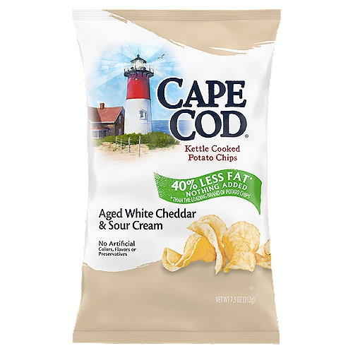 Cape Cod Less Fat White Cheddar & Sour Cream Kettle Chips start with the pure taste of potato and finished with white cheddar and sour cream. With this variety, you get the same great taste but with 40% less fat than the leading brand of potato chips because extra spin in the kettle removes excess oil for less fat, with nothing added. We take choice potatoes and slice them perfectly, cooking them in custom kettles, one small batch at a time. Doing so at precisely the right temperature allows them to reach a golden-amber hue. Unique shapes and folds mean one-of-a-kind chips, but all share that distinctive flavor and wonderful Cape Cod crunch. These delicious, kettle chips make a perfect lunchtime side and fit any snacking occasion right out of the 7.5-ounce bag. Our potato chips are famous for their high quality and remarkable flavor, so be sure to try all the traditional and distinctly unique varieties. Every distinctive chip somehow feels like an invitation to come savor what's special about Cape Cod kettle cooked chips.