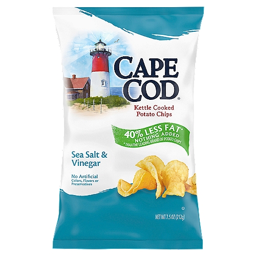 CAPE COD Sea Salt & Vinegar Kettle Cooked Potato Chips, 7.5 oz
Cape Cod Kettle Cooked Potato Chips can't stop at perfection. Our Sea Salt & Vinegar Chips are already a classic, with a touch more vinegar than the average chip. With this variety, you get all the great Cape Cod taste but with 40% less fat than the leading brand of potato chips because extra spin in the kettle removes excess oil for less fat, with nothing added. We take choice potatoes and slice them thick, cooking them in custom kettles, one batch at a time. Doing so at precisely the right temperature allows them to reach a golden-amber hue. Unique shapes and folds mean one-of-a-kind chips, but all share that distinctive flavor and wonderful Cape Cod crunch. These delicious kettle chips make a perfect lunchtime side and fit any snacking occasion right out of the 7.5-ounce bag. Our potato chips are known for their high quality and remarkable flavor, so be sure to try all the traditional and distinctly unique varieties. Every distinctive chip somehow feels like an invitation to come savor everything that's special about Cape Cod kettle cooked chips.