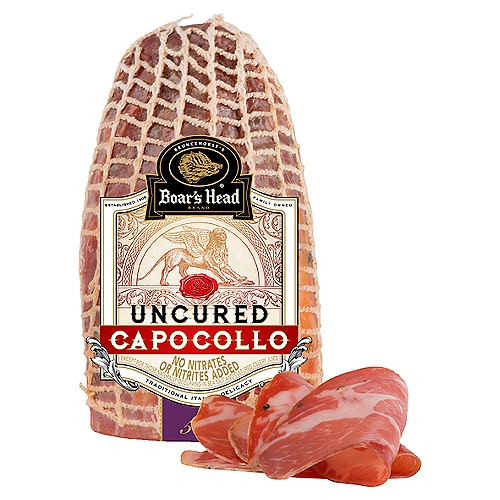 A traditional uncured Italian meat specialty made from pork shoulder. Boar's Head Uncured Capocollo is enhanced with subtle Italian seasonings and slowly aged in a natural casing.