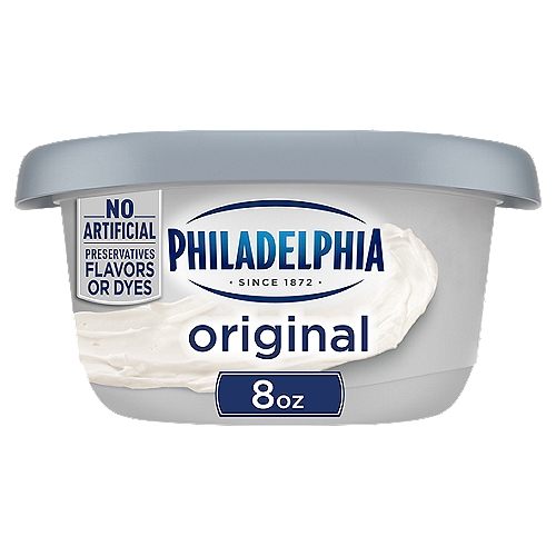 Philadelphia Original Cream Cheese Spread, 8 oz Tub
Philadelphia Cream Cheese Spread is made with fresh milk and cream. Our spreadable cream cheese spread has no artificial preservatives, flavors or dyes. With a cool, creamy texture, it is perfect for spreading on your warm, toasty morning bagel. Serve it during all your holiday brunch occasions. Each 8-ounce plain cream cheese spread tub is resealable to lock in flavor.

• One 8 oz. tub of Philadelphia Original Cream Cheese Spread
• Serve Philadelphia Cream Cheese Spread at all your holiday brunch gatherings
• Bring joy to your holiday season breakfasts with our original cream cheese spread
• Our original cream cheese spread is made with fresh milk and real cream
• This spreadable cream cheese spread has no artificial preservatives, flavors or dyes
• Made with milk that's fresh from the farm to our creamery in just 6 days
• Creamy and delicious
• Perfect for spreading on your morning bagel
• Keep cream cheese spread tub refrigerated
• Certified Kosher cream cheese spread