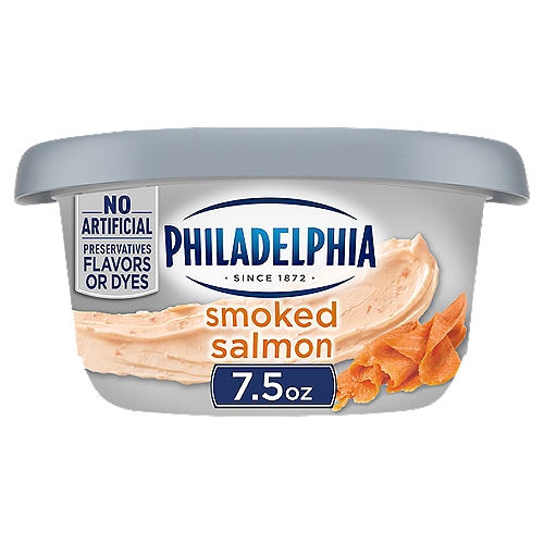Philadelphia Smoked Salmon Cream Cheese Spread, 7.5 oz Tub
Philadelphia Smoked Salmon Cream Cheese Spread is made with fresh milk and cream plus real smoked salmon. Our spreadable cream cheese has no artificial preservatives, flavors or dyes. Savory and creamy Philadelphia Cream Cheese is perfect for spreading on your warm, toasty morning bagel. Try it with crackers as an afternoon snack. Serve it at all your holiday brunch occasions. Each 7.5 oz. cream cheese spread tub is conveniently resealable to lock in freshness.

• One 7.5 oz. tub of Philadelphia Smoked Salmon Cream Cheese Spread
• Serve Philadelphia Smoked Salmon Cream Cheese Spread at all your holiday brunch gatherings
• Bring joy to your holiday season breakfasts with Philadelphia Smoked Salmon Cream Cheese Spread
• Philadelphia Smoked Salmon Cream Cheese Spread is made with fresh milk and real cream
• Enjoy a cream cheese spread made with real salmon
• No artificial preservatives, flavors or dyes
• Made with milk that's fresh from the farm to our creamery in just 6 days
• Perfect savory cream cheese for spreading on your morning bagel
• Packaged in a convenient resealable tub
• Certified Kosher cream cheese spread