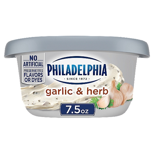 Philadelphia Garlic & Herb Cream Cheese Spread, 7.5 oz Tub
Philadelphia Garlic and Herb Cream Cheese Spread adds savory creaminess to your favorite dishes and foods. It's made with real garlic and herbs for a smooth, classic flavor. This Philadelphia cream cheese spread doesn't have artificial preservatives, flavors or dyes and is made with farm fresh milk and real cream for that classic taste you love. Use this garlic and herb cheese spread to bring savory flavor to your breakfast bagel, or spread it on crackers for a tasty snack. Mix up an herb and garlic cream cheese dip to serve with fresh veggies. Each 7.5 ounce tub is conveniently resealable and should remain refrigerated.

• One 7.5 oz. tub of Philadelphia Garlic and Herb Cream Cheese Spread
• Philadelphia Garlic and Herb Cream Cheese Spread adds savory creaminess to your recipes
• Cream cheese spread with real garlic and herbs
• No artificial preservatives, flavors or dyes
• Made using farm fresh milk and real cream
• Add some savory cream cheese spread to your bagel for a delicious breakfast
• Packaged in a convenient resealable tub
• Certified Kosher cream cheese spread