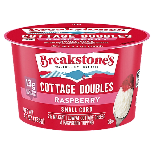 Breakstone's Cottage Doubles Raspberry Cottage Cheese delivers the classic cottage cheese taste and texture you know and love with a delicious raspberry topping added. This cottage cheese is made with cultured pasteurized Grade A skim milk, milk and cream. Cottage cheese with 2% milkfat and 9 grams of protein per serving is always a great choice for an easy snack. Bring a cottage cheese cup to work for a tasty lunch, or enjoy it in the morning as a quick breakfast. This convenient sealed on the go 4.7 ounce cottage cheese cup stores neatly in your refrigerator and keeps the cottage cheese fresh and ready to go for when you're craving an easy cottage cheese dessert. Breakstones is full of delicious possibilities. With cottage cheese, every tub is filled with opportunity. Let's go!nn• One 4.7 oz. cup of Breakstone's Cottage Doubles Raspberry Cottage Cheesen• Breakstone's Cottage Doubles Raspberry Cottage Cheese has a delicious raspberry topping addedn• Made with cultured pasteurized Grade A skim milk, milk and creamn• Cottage cheese with 2% milkfatn• Good source of protein with 9 g. per servingn• Bring a cottage cheese cup to work for lunch, or enjoy it in the morning as a quick breakfastn• Packaged in a convenient sealed single serve cup to maintain freshnessn• Certified Kosher cottage cheese