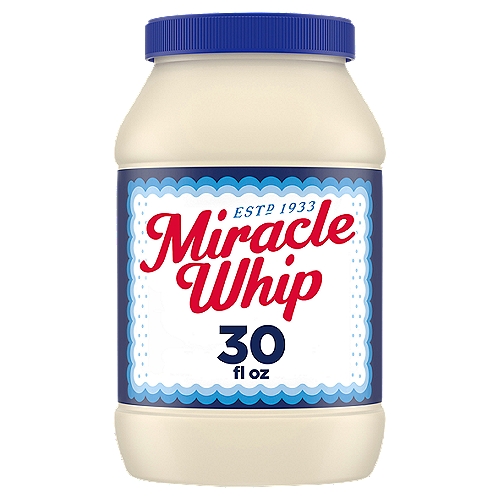 Miracle Whip Dressing, 30 fl oz Jar
Miracle Whip Original Dressing delivers the perfect fusion of flavors with a bold, tangy taste that is unlike anything else you've ever had. As a spread, Miracle Whip is known for kicking sandwiches up a notch. Try out this versatile ingredient that can be used to make tangy salad dressings and even chocolate cakes for a finger-licking adventure. Miracle Whip original spread contains 3.5 grams of fat and 40 calories per single-tablespoon serving. Try some Miracle Whip coleslaw, or blend in some honey and mustard to use it as a dipping sauce for chicken. Each resealable container should be stored in the refrigerator after opening.

• One 30 fl. oz. jar of Miracle Whip Original Dressing
• Miracle Whip Original Dressing is a tangy, delicious dressing and sandwich spread
• A mouth watering and flavorful ingredient for your favorite recipes
• Perfect for making all sorts of salads, sandwiches and dips
• Contains 40 calories per 1 tbsp. serving
• Great for baked chicken or on your veggie burger
• Packaged in a resealable container
• Certified Kosher