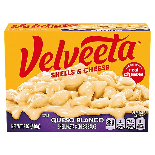 Velveeta Shells & Cheese Queso Blanco Shell Pasta & Cheese Sauce, 12 oz Box
VELVEETA Shells and Cheese Queso Blanco is a delicious and easy-to-make family favorite. Kids and adults love the rich taste and creamy texture of pasta shells with cheesy goodness. Each 12-ounce box includes shell pasta and creamy cheese sauce so you have everything you need to make something quick and tasty. Made with real cheese with 0g trans fats per serving, VELVEETA Queso Blanco Shells and Cheese is always great. Preparing shells and cheese is a breeze. Just boil the pasta, drain the water, and add the cheese sauce. Add a little creamy to all your mac and cheese with VELVEETA.

• One 12 oz. box of VELVEETA Shells and Cheese Queso Blanco
• VELVEETA Queso Blanco Shells and Cheese is a delicious and easy to make family favorite
• Easy shells and cheese includes shell pasta and creamy mild cheese sauce
• Every box of VELVEETA Shells and Cheese Queso Blanco is made with real cheese
• Macaroni and cheese is a classic for kids and adults
• Shells and cheese meal is ready to eat in 10 minutes
• Cheese sauce is individually sealed