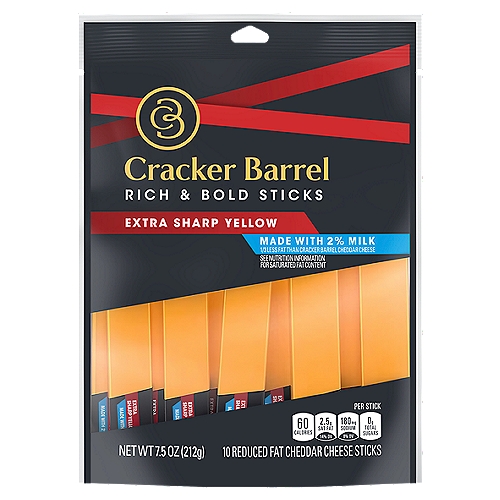 Cracker Barrel Extra Sharp Yellow Reduce Fat Cheddar Cheese Sticks, 10 count, 7.5 oz