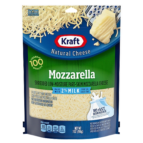 Mealtime can be hard, especially when it comes to making something everyone agrees on. Use Kraft Shredded Reduced Fat Mozzarella Cheese to make something everyone will love, so you can spend time focused on each other and not worried about making everyone happy. This shredded mozzarella brings a special touch to your Italian recipes with the Kraft flavor you know and love. Backed by 100 years of quality, this Mozzarella cheese tastes great on a variety of dishes that the whole family will love. This cheese comes pre-shredded to save you prep time and easily blends with other flavors for a delicious meal every time. Sprinkle over pizzas, pasta dishes, salads, and more. Each bag of mozzarella is resealable to help lock in flavor. Made with milk from cows raised without added rbST hormone. No significant difference has been shown between milk derived from rbST-treated and non-rbST treated cows.nn• One 7 oz. bag of Kraft Shredded Reduced Fat Mozzarella Cheesen• Kraft Shredded Reduced Fat Mozzarella Cheese backed by years of cheese-making experiencen• Every batch of Kraft Cheese starts with fresh milk for creamy flavorn• Reduced fat, but with the same rich taste you loven• Shredded cheese sprinkles evenly and melts easilyn• Enhance your next meal with Kraft Shredded Reduced Fat Mozzarella Cheesen• Resealable bag helps lock in flavor