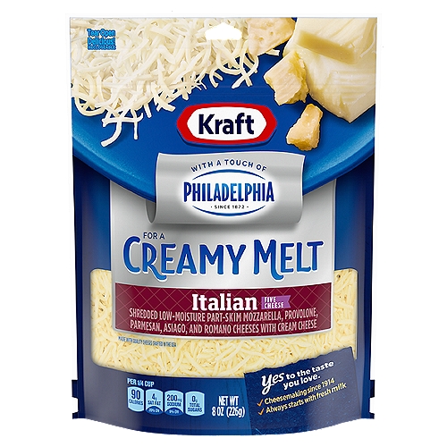 Shredded Low-Moisture Part-Skim Mozzarella, Provolone, Parmesan, Asiago, and Romano Cheese with Cream Cheese

We added a touch of Philadelphia to our Kraft Cheese for a deliciously creamy melt like no other - sure to make your favorite meals even better!