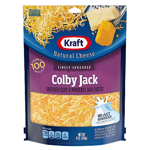 Kraft Finely Shredded Colby Jack Cheeses, 8 oz
Shredded Colby & Monterey Jack Cheeses

No rBST Hormone Made with Milk from Cows Raised without Added rBST Hormone*
*No Significant Difference Has Been Shown Between Milk Derived From rBST-treated and Non-rBST-treated Cows