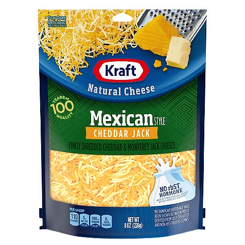 Kraft Finely Shredded Mexican Style Cheddar Jack Natural Cheese, 8 oz
Finely Shredded Cheddar & Monterey Jack Cheeses

No rbST hormone
Made with Milk from Cows Raised without Added rbST Hormone*
*No Significant Difference Has Been Shown Between Milk Derived from rbST-Treated and Non-rbST-Treated Cows