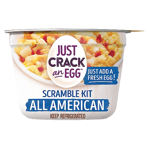 Just Crack an Egg Scramble Kit, 3 oz
A tasty scramble ready in two minutes? Get outta here! Just Crack an Egg Scramble Breakfast Bowl Kits have everything you want in a morning starter. Ready in less than two minutes, our Just Crack an Egg All American Scramble Breakfast Bowl Kit is made with diced Ore-Ida potatoes, sharp cheddar cheese and uncured bacon. Simply add a fresh egg, stir the ingredients and microwave for a quick and easy bowl at home or on the go. Try preparing yours with two eggs for a heartier option. Our scrambled egg cups can also be made with egg whites. The all American scramble breakfast bowl kit is an excellent source of protein to start the day off right. Keep the breakfast bowl kits refrigerated until you're ready to prepare. 

• One 3 oz. cup of Just Crack an Egg All American Scramble Breakfast Bowl Kit with Potatoes, Sharp Cheddar Cheese and Uncured Bacon
• Just Crack an Egg All American Scramble Breakfast Bowl Kit is ready in less than two minutes
• Our Just Crack an Egg All American Scramble Breakfast Bowl Kit contains Ore-Ida potatoes, sharp cheddar cheese and uncured bacon
• Simply add a fresh egg, stir the ingredients and microwave for a quick and easy morning starter at home or on the go
• Try making yours with one egg, two eggs or egg whites
• Each breakfast bowl kit is an excellent source of protein
• Keep refrigerated until ready to prepare breakfast