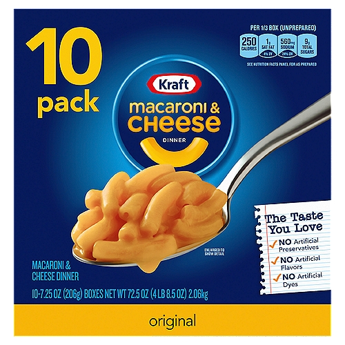 Kraft Original Macaroni & Cheese Dinner, 7.25 oz, 10 count
The Taste You Love
✓ No artificial preservatives
✓ No artificial flavors
✓ No artificial dyes