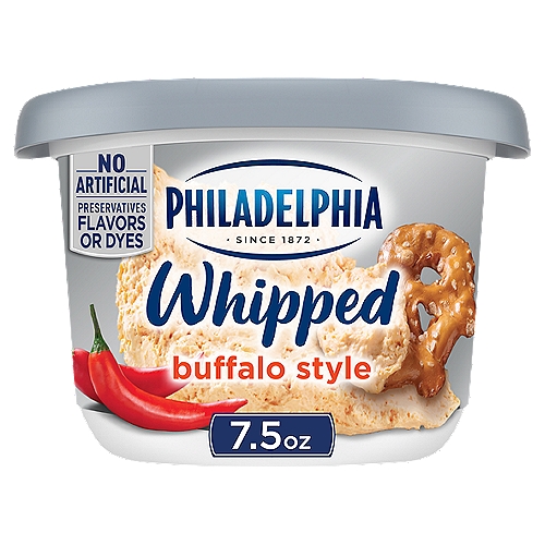 PHILADELPHIA Buffalo Style Whipped Cream Cheese Spread, 7.5 oz
Whip up the perfect snack with Philadelphia Buffalo Style Whipped Cream Cheese Spread. With a light and fluffy texture, our Philadelphia Whipped Cream Cheese is ideal for spreading on your bagel or dipping straight from the tub for a snack. Try our creamy and delicious whipped cream cheese with your favorite crackers, pita chips, pretzels and veggies. Made with real milk, cream and cayenne peppers, our whipped flavored cream cheese contains no artificial preservatives, flavors or dyes. Keep our 7.5-ounce tub of whipped cream cheese refrigerated. Enjoy the same Philadelphia Whipped Cream Cheese Spread you know and love, with a zesty buffalo style flavor.

• One 7.5 oz tub of Philadelphia Buffalo Style Whipped Cream Cheese Spread
• Whipped cream cheese has a light and fluffy texture that is perfect for spreading on bagels and dipping right out of the container for a snack
• Our creamy and zesty flavor makes a delicious snack or chip dip
• Perfect for dipping with your favorite crackers, pita chips, pretzels and veggies
• Enjoy our cream cheese tub made with real milk and cream, and cayenne pepper puree
• No artificial preservatives, flavors or dyes
• The same Philadelphia Whipped Cream Cheese Spread you know and love, with a zesty buffalo style flavor
• Keep refrigerated
• Kosher Certified