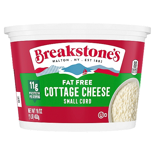 Breakstone's Fat Free Small Curd Cottage Cheese, 16 oz Tub
Breakstone's Fat Free Small Curd Cottage Cheese delivers the classic cottage cheese taste and texture you know and love without the fat. This small curd cottage cheese is made with cultured pasteurized Grade A skim milk. Fat free cottage cheese is always a great choice for a savory snack. Make a delicious parfait by layering cottage cheese and granola and adding a drizzle of honey, or mix cottage cheese with fresh fruit or raisins for a quick breakfast or snack. The convenient resealable 16 ounce tub stores neatly in your refrigerator and keeps this cottage cheese fresh and ready to go for when you're craving an easy snack. Breakstones is full of delicious possibilities. With cottage cheese, every tub is filled with opportunity. Let's go!

• One 16 oz. tub of Breakstone's Fat Free Small Curd Cottage Cheese
• Breakstone's Fat Free Small Curd Cottage Cheese contains no fat
• Made with cultured pasteurized Grade A skim milk
• Fat free cottage cheese
• Mix cottage cheese with fresh fruit or raisins for an easy breakfast, or use it in a parfait recipe
• Packaged in a convenient resealable tub to maintain freshness
• Certified Kosher cottage cheese