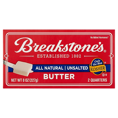 Breakstone's All Natural Unsalted Butter, 2 count, 8 oz
No added hormones*
*No significant difference has been shown between milk derived from rBST-treated and non rBST-treated cows.