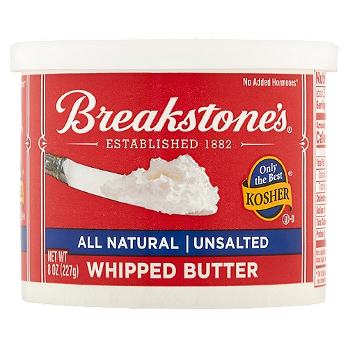 Breakstone's All Natural Unsalted Whipped Butter, 8 oz
No added hormones*
*No significant difference has been shown between milk derived from rBST-treated and non-rBST-treated cows.