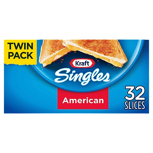 Kraft Singles American Cheese Slices Twin Pack, 32 ct Pack
Kraft Singles American Cheese Slices feature the melty, great taste that you love with no artificial flavors or preservatives. Our sliced cheese has a smooth, creamy texture and mild flavor. Pre-sliced for your convenience, this cheese melts beautifully over hot foods or in the oven. Kraft Singles American Cheese Slices are made with quality ingredients, like pasteurized milk, so you can feel good about feeding them to your family. Slide a slice of this deli style cheese into a grilled cheese sandwich, or melt it on top of a juicy burger. For optimum flavor, keep this 24 ounce twin pack of 32 cheese slices refrigerated until use.

• One 32 ct. pack of Kraft Singles American Cheese Slices
• Kraft Singles American Cheese Slices have no artificial flavors or preservatives
• American cheese is mild and creamy
• Sliced cheese cuts prep time and melts easily over hot foods
• Made with fresh milk for quality and consistency
• Use it for deli sandwiches, burgers, grilled cheese and more
• Keep refrigerated