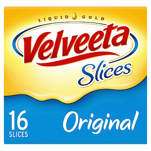 Velveeta Slices Original Flavored Cheese, 16 ct Pack
Velveeta Original Slices are easy melt slices that are delicious on all your favorite foods. These convenient slices are ready to enjoy so you can add them to a snack or family dinner quickly and easily. A good source of calcium with no trans fat and 2 grams of total fat per serving, these tasty slices are always a great choice for kids and adults. Use these easy melt slices to top a grilled burger at your next outdoor cookout, or add some melty goodness to a breakfast burrito or scrambled eggs in the morning. Try melting these slices with milk and butter to make a creamy nacho sauce, or enjoy slices cold on sandwiches or snack crackers. These 16 cheese slices are individually wrapped in a 12 ounce package.

• One 16 ct. package of Velveeta Original Slices
• Velveeta Original Slices are easy melt slices that are delicious on all your favorite foods
• Easy melt slices deliver classic melty texture and rich flavor
• Pre-sliced and packaged for convenient prep
• Good source of calcium
• Has no trans fat and 2 grams of total fat per serving
• Add slices to burgers, sandwiches, chicken sliders or anything that could use some extra flavor
• Slices are individually sealed
• SNAP & EBT eligible food item