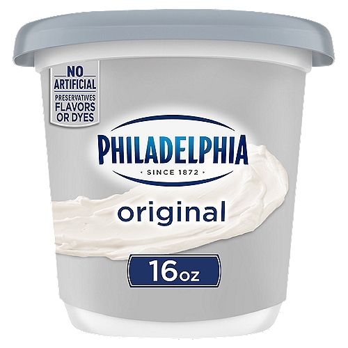 Philadelphia Original Cream Cheese Spread, 16 oz Tub
Philadelphia Cream Cheese Spread is made with fresh milk and cream. Our spreadable cream cheese spread has no artificial preservatives, flavors or dyes. With a cool, creamy texture, it is perfect for spreading on your warm, toasty morning bagel. Serve it during all your holiday brunch occasions. Each 16-ounce plain cream cheese spread tub is resealable to lock in flavor.

• One 16 oz. tub of Philadelphia Original Cream Cheese Spread
• Serve Philadelphia Cream Cheese Spread at all your holiday brunch gatherings
• Bring joy to your holiday season breakfasts with our original cream cheese spread
• Our original cream cheese spread is made with fresh milk and real cream
• This spreadable cream cheese spread has no artificial preservatives, flavors or dyes
• Made with milk that's fresh from the farm to our creamery in just 6 days
• Creamy and delicious
• Perfect for spreading on your morning bagel
• Keep cream cheese spread tub refrigerated
• Certified Kosher cream cheese spread