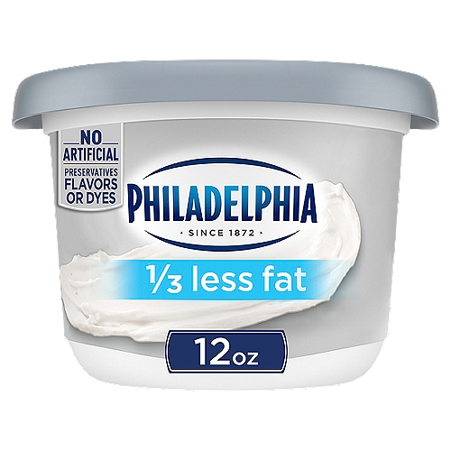 Philadelphia 1/3 Less Fat Cream Cheese Spread is made with fresh milk and cream. Our spreadable cream cheese spread has 1/3 less fat than regular cream cheese; is made with no artificial preservatives, flavors or dyes. With a cool, creamy texture, it is perfect for spreading on your warm, toasty morning bagel. Serve it at all your holiday brunch occasions. Each 12 oz. plain cream cheese spread tub is resealable to lock in flavor.nn• One 12 oz. tub of Philadelphia 1/3 Less Fat Cream Cheese Spreadn• Bring joy to your holiday season breakfasts with Philadelphia 1/3 Less Fat Cream Cheese Spreadn• Serve Philadelphia 1/3 Less Fat Cream Cheese Spread at all your holiday brunch gatheringsn• Our lower fat cream cheese is made with fresh milk and real creamn• 1/3 less fat than regular cream cheesen• Philadelphia 1/3 Less Fat Cream Cheese Spread has no artificial preservatives, flavors or dyesn• Made with milk that's fresh from the farm to our creamery in just 6 daysn• Perfect for spreading on your morning bageln• Keep refrigerated in resealable tubn• Certified kosher cream cheese