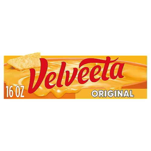 Velveeta Original Cheese, 16 oz
Pasteurized Recipe Cheese Product

Velveeta Contains 4g of Fat per Serving; Cheddar Cheese Contains 9g of Fat per Serving