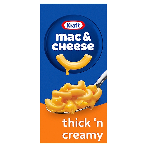 Kraft Thick'n Creamy Macaroni & Cheese Dinner is a convenient boxed dinner. Kids and adults love the delicious taste of macaroni with cheesy goodness. Our 7.25 ounce mac and cheese dinner includes macaroni pasta and thick'n creamy flavor cheese sauce mix, so you just need milk and margarine or butter to make a tasty family favorite. Macaroni and cheese is a quick dinner kids love. With no artificial preservatives or flavors and no artificial dyes, Kraft macaroni and cheese is always a great family dinner choice. Preparing macaroni and cheese dinner is a breeze. Just boil the pasta for 8-10 minutes, drain the water, and stir in the cheese mix, milk and margarine or butter. Now you can have your Kraft mac and cheese and eat it too.nn• One 7.25 oz. box of Kraft Thick'n Creamy Macaroni & Cheese Dinnern• Kraft Thick'n Creamy Macaroni & Cheese Dinner is a convenient boxed dinnern• Box includes macaroni pasta and thick n' creamy cheese sauce mixn• Kraft Mac and cheese contains no artificial preservatives or flavors and no artificial dyesn• One box makes about 3 servingsn• Boxed macaroni and cheese is quick and easy dinner for the whole familyn• Cheese sauce mix is individually sealedn• SNAP & EBT eligible food item