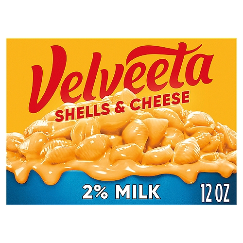 Velveeta Shells & Cheese Pasta with Cheese Sauce & 2% Milk Cheese Meal, 12 oz Box
VELVEETA Shells and Cheese Made With 2% Milk Cheese gives you all the goodness of liquid gold, but with half the fat of regular shells and cheese. Smooth, creamy and undeniably VELVEETA, the combination of shells and creamy cheese sauce is an instant family favorite. Each box of mac and cheese includes shell pasta and cheese sauce, so you have everything you need to serve the side dish your family loves. Our delicious boxed dinner features real cheese from 2% milk in every bite. To prepare, boil the pasta until tender, drain, and stir in the cheese sauce for an easy dinner that's ready in 10 minutes. Each 12-ounce box of mac and cheese meal makes about 3 servings. Add a little liquid gold to all your meals with VELVEETA mac and cheese.

• One 12 oz. box of VELVEETA Shells and Cheese Made With 2% Milk Cheese
• VELVEETA Shells and Cheese Made With 2% Milk Cheese has half the fat of regular shells and cheese
• Easy mac and cheese meal includes shell pasta and creamy cheese sauce
• Every creamy bite of VELVEETA shells is made with real cheese from 2% milk
• Macaroni and cheese is a classic family meal for kids and adults
• Shell pasta and creamy cheese sauce are individually sealed
• Shells and cheese meal is ready to eat in 10 minutes