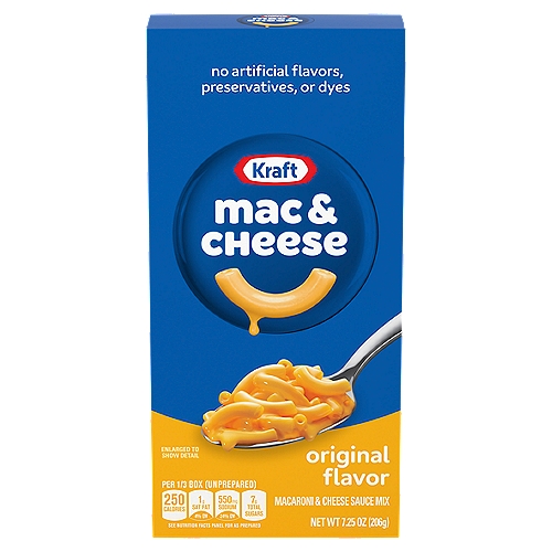 Kraft Original Macaroni & Cheese Dinner, 7.25 oz
The taste you love
🗸 No artificial flavors
🗸 No artificial preservatives
🗸 No artificial dyes

Even more reasons to love it.
This box of Kraft macaroni & cheese dinner may look simple, but it actually contains some extraordinary things. Inside you'll find happy childhood memories, tons of blissful smiles, and our delicious elbow macaroni waiting to be covered with gooey, cheesy goodness. And now, there are a few things you won't find. Our mouthwatering mac and cheese now contains no artificial flavors, preservatives, or dyes. Of course, it still has the great taste you know and love. Which means you can happily devour it bite by bite, until your bowl contains nothing at all.
