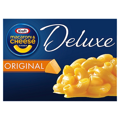 Kraft Deluxe Original Cheddar Macaroni & Cheese Dinner, 14 oz
Deluxe Taste you know you'll love
It's rich. It's creamy. And it's love at first bite for this delicious dish made with real cheese.

Heartier elbow macaroni lets you enjoy more cheese with every bite.
