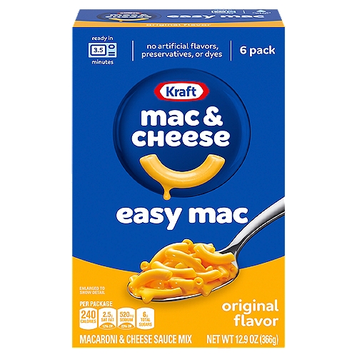 Kraft Easy Mac Original Flavor Macaroni & Cheese Dinner, 6 count, 12.9 oz
The Taste You Love
✓ No artificial preservatives
✓ No artificial flavors
✓ No artificial dyes