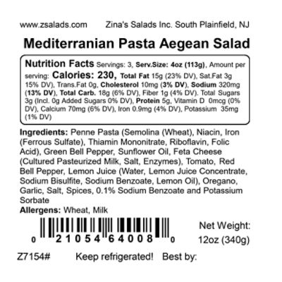 Zina's Fine Foods Mediterranian Pasta Aegean Salad, 12 oz