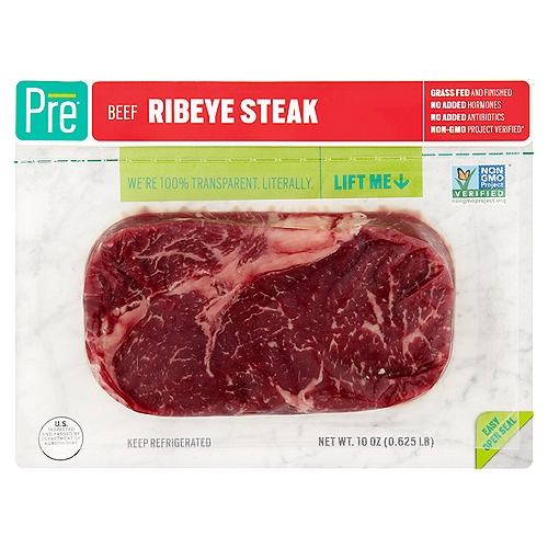 Pre Beef Ribeye Steak, 10 oz
Non-GMO project verified*
*This grass fed and finished beef is raised on pastures in compliance with non-GMO Project standards for avoidance of genetically engineered ingredients

The Flavor Champion: Ribeye
Also called the Beauty Steak (it looks gorgeous on a plate), the ribeye comes from the front end of the M. longissimus dorsi - two tender muscles that run along the back. Fine grained, full flavored and generously marbled, you can expect robust beef taste from this stunner.

Isn't it refreshing to see before you buy?
Our vacuum sealed packaging doesn't hide a thing. Functional too. It keeps out oxygen, so your beef stays fresher, longer and you see beef in its natural color.