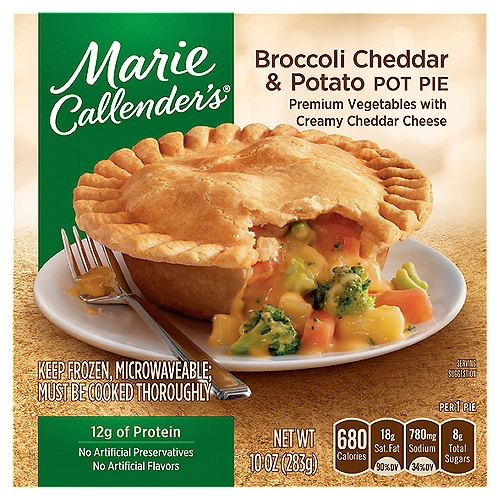 Marie Callender's Broccoli Cheddar & Potato Pot Pie, 10 oz
Premium Vegetables with Creamy Cheddar Cheese

Warm, Hearty & Delicious
Comfort food meals you know and love - ready when you need them!