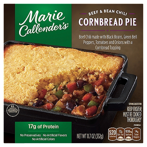 Marie Callender's Beef & Bean Chili Cornbread Pie, 11.7 oz
Beef Chili Made with Black Beans, Green Bell Peppers, Tomatoes and Onions with a Cornbread Topping

Warm, hearty & delicious
Comfort food meals you know and love - ready when you need them!