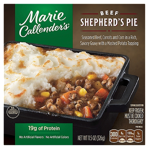 Marie Callender's Beef Shepherd's Pie, 11.5 oz
Seasoned Beef, Carrots and Corn in a Rich, Savory Gravy with a Mashed Potato Topping

Warm, Hearty & Delicious
Comfort food meals you know and love - ready when you need them!