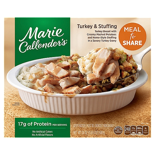 Marie Callender's Turkey & Stuffing, 24 oz
Turkey Breast with Creamy Mashed Potatoes and Home-Style Stuffing in a Savory Turkey Gravy

Hearty Meals Made Easy
Comfort Food meals you know and love - ready when you need them!