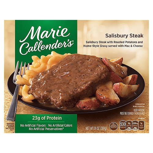 Marie Callender's Salisbury Steak, 14 oz
Salisbury Steak with Roasted Potatoes and Home-Style Gravy Served with Mac & Cheese

No artificial preservatives*
*See ingredient statement for ingredients used to preserve quality.

Warm, Hearty & Delicious
Comfort food meals you know and love - ready when you need them!