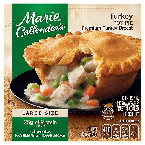 Warm up with a delicious, comforting Marie Callender's Turkey Pot Pie. Made with tender, premium turkey breast, savory vegetables, and made-from-scratch gravy - all wrapped in a golden, flaky crust. With 12 g protein per serving, and no preservatives, artificial colors, or artificial flavors, this convenient meal can be microwaved or heated in the oven. Enjoy this warm, hearty, and delicious comfort food today.