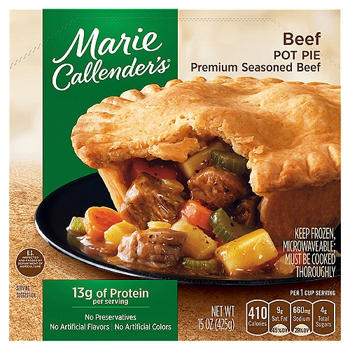 Marie Callender's Premium Seasoned Beef Pot Pie, 15 oz
Warm up with a delicious, comforting Marie Callender's Beef Pot Pie. Made with premium seasoned beef, savory vegetables, and made-from-scratch gravy - all wrapped in a golden, flaky crust. With 13 g protein per serving, and no preservatives, artificial colors, or artificial flavors, this convenient meal can be microwaved or heated in the oven. Enjoy this warm, hearty, and delicious comfort food today.