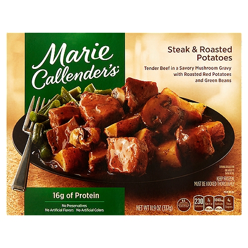 Marie Callender's Steak & Roasted Potatoes, 11.9 oz
Tender Beef in a Savory Mushroom Gravy with Roasted Red Potatoes and Green Beans
