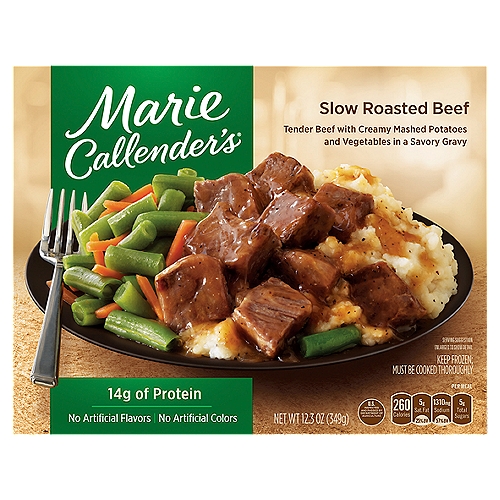 Marie Callender's Slow Roasted Beef, 12.3 oz
Tender Beef with Creamy Mashed Potatoes and Vegetables in a Savory Gravy

Warm, hearty & delicious
Comfort food meals you know and love - ready when you need them!